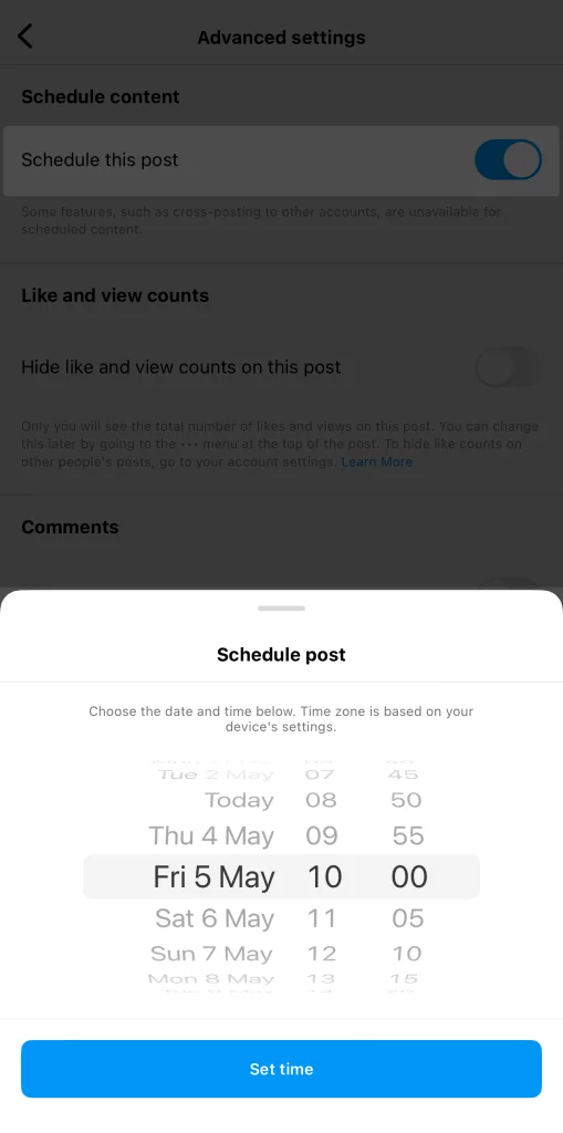 date and time selector for publishing an Instagram post in the future