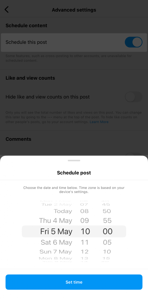 Date and time selector for scheduling an Instagram post in the future