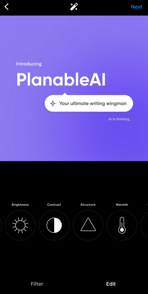 Image editor in Planable's Instagram post showcasing options like: Brightness, Contrast, Structure and Warmth