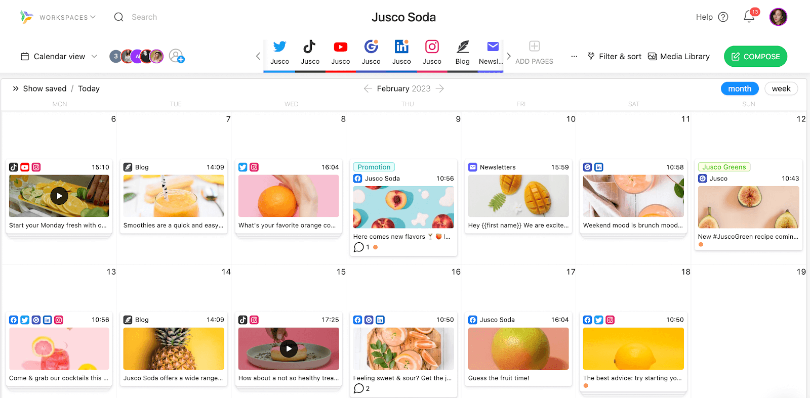 Multiple content type posts arranged in a calendar view in Planable app