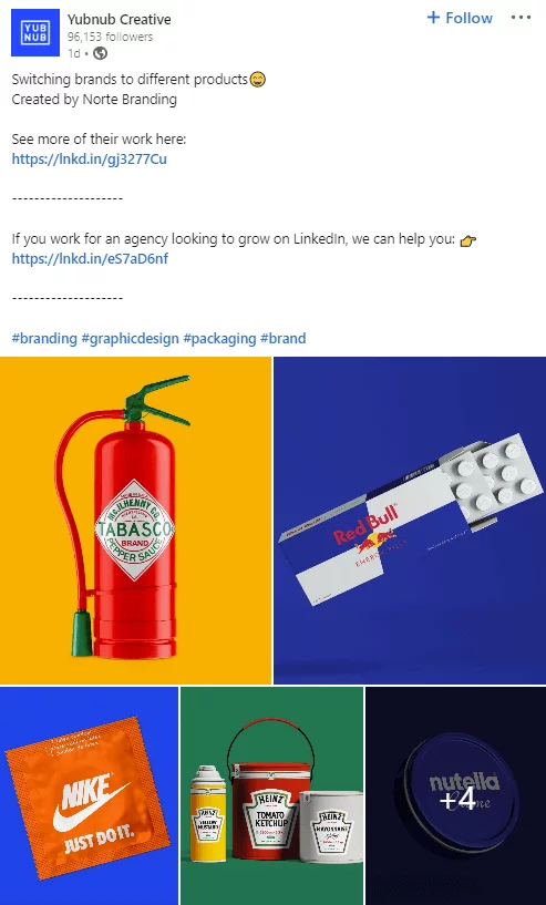 Yubnub creative's series of images on LinkedIn with switching brands to different products