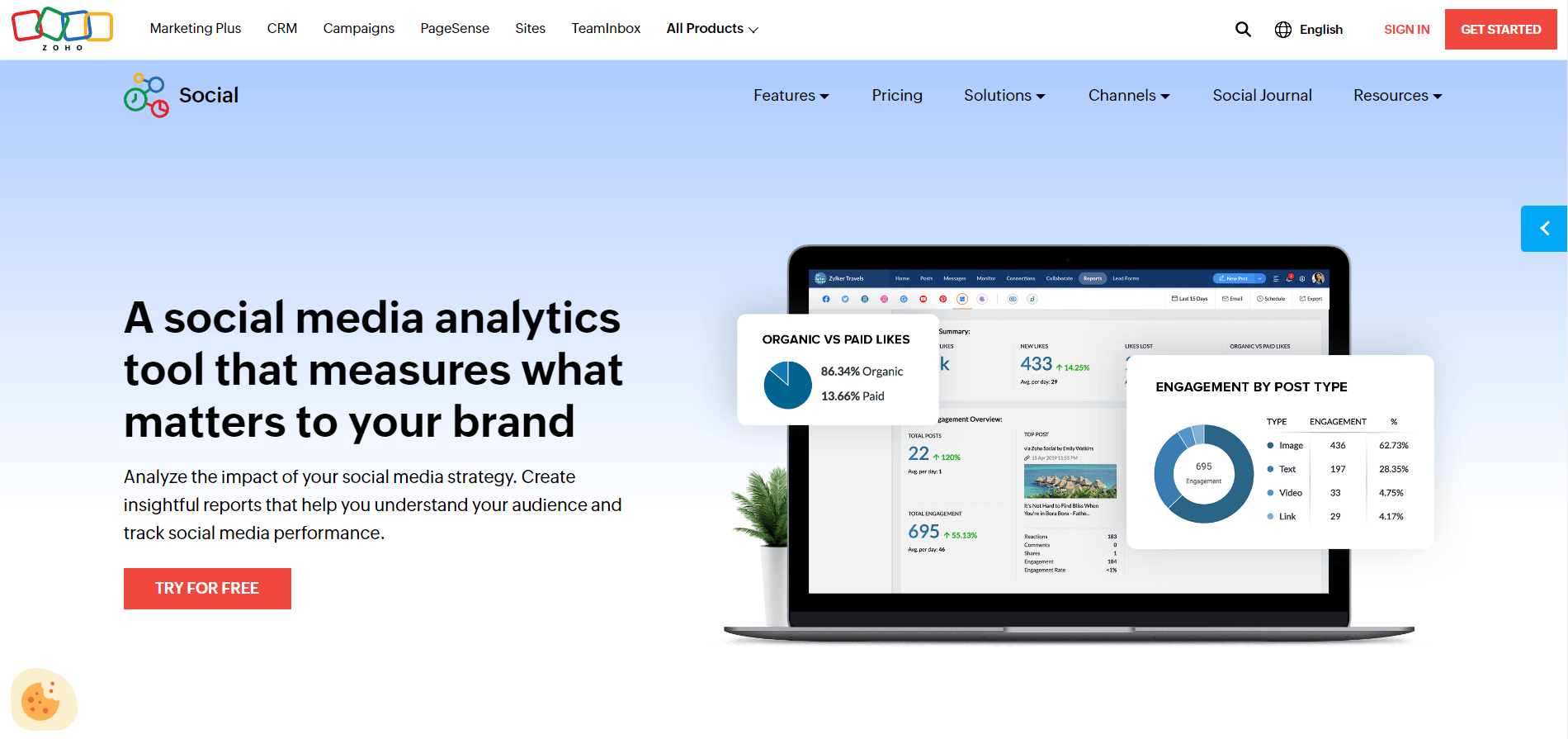 Zoho Social home page with headline about analytics