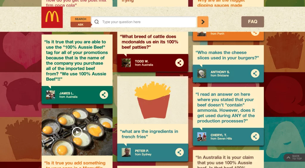 McDonalds's website featuring questions from their "Our Food. Your Questions" campaign.