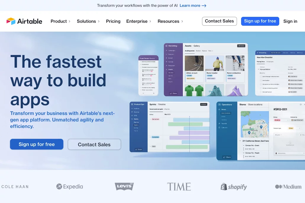 Airtable's website homepage with a headline underlining it's collaborative and efficiency oriented features to build apps fast.