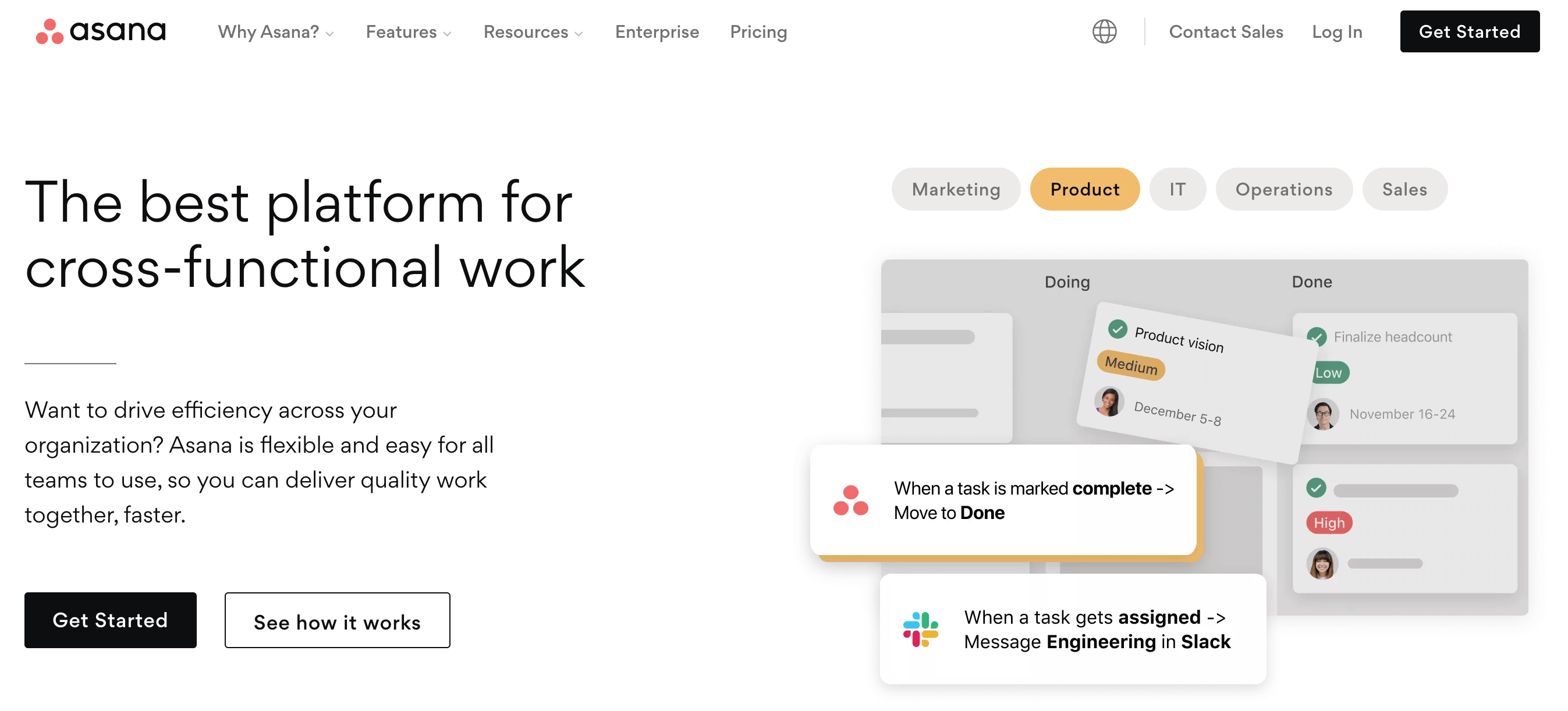 Asana's homepage with a headline "The project management tool as the best platform dor cross-functional work."