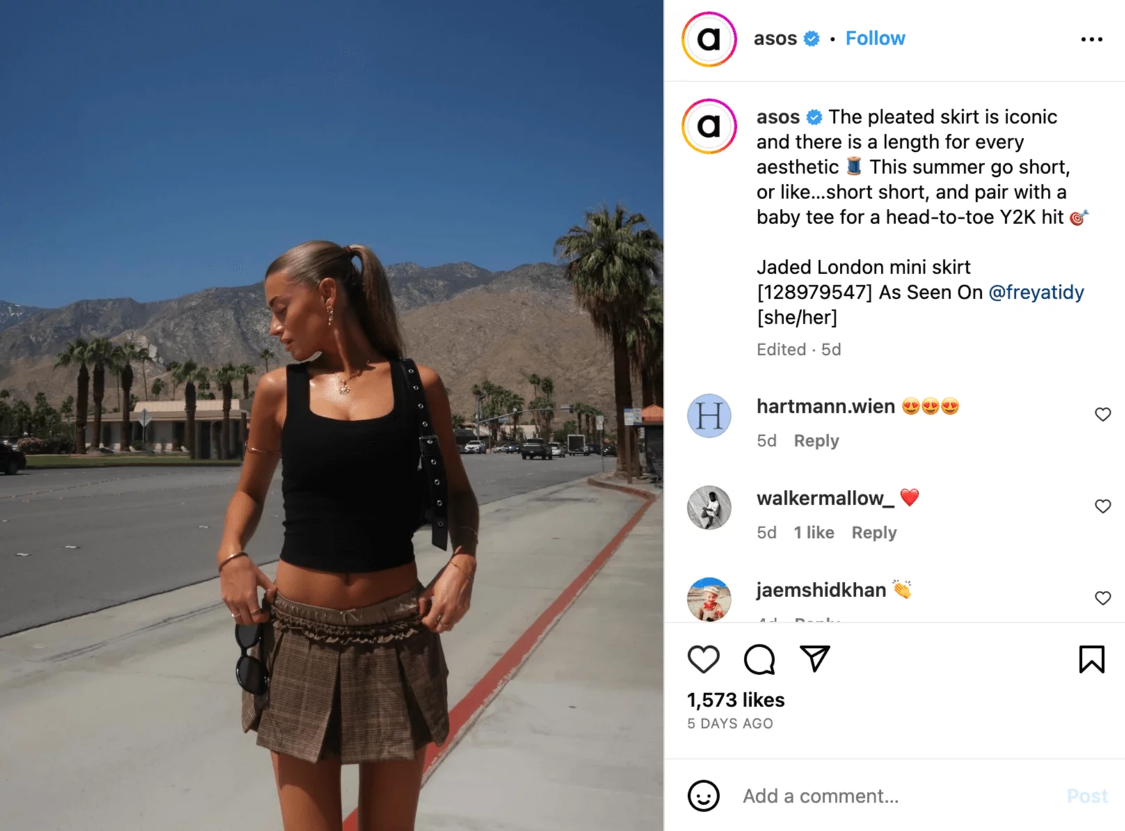 @freyatidy in a pleated skirt and black top outfit featured on @asos IG account