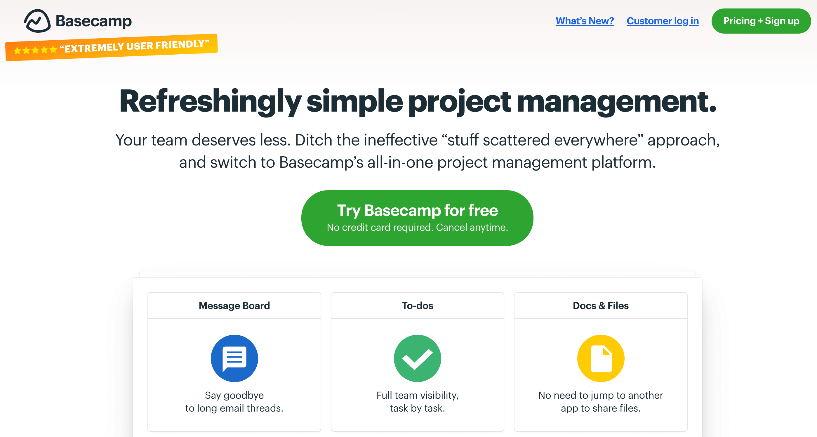 Basecamp homepage presenting it as a refreshingly simple project management platform.