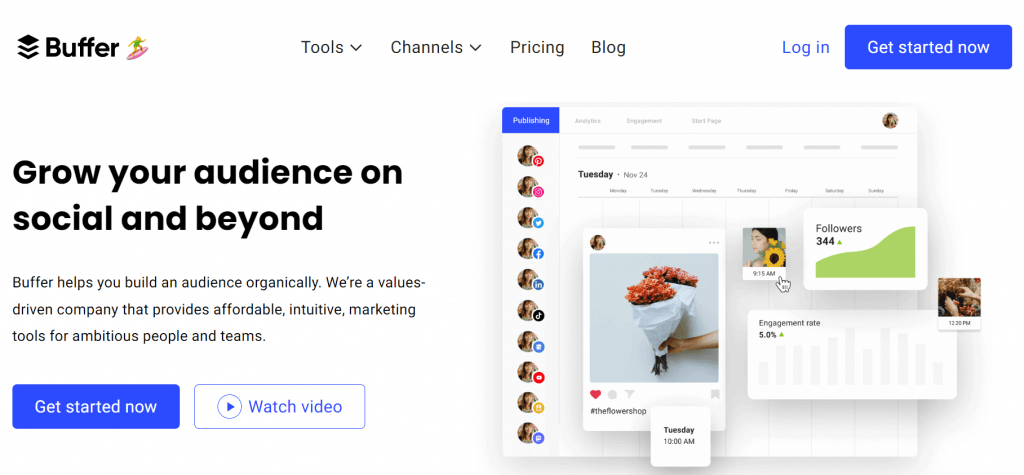 Buffer social media tool homepage with a headline about growing social media