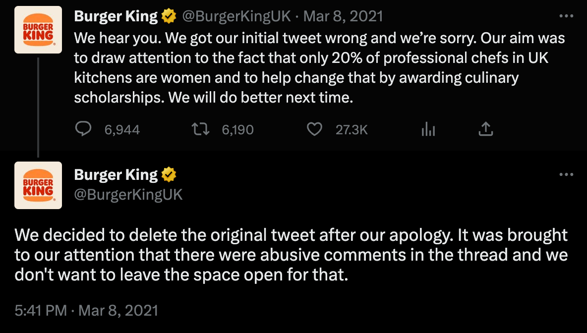 Burger King apology post social media crisis about making a sexist comment