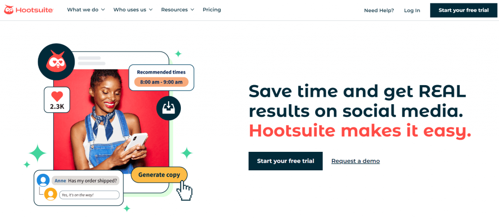 Hootsuite's website homepage with a headline about saving time with social media