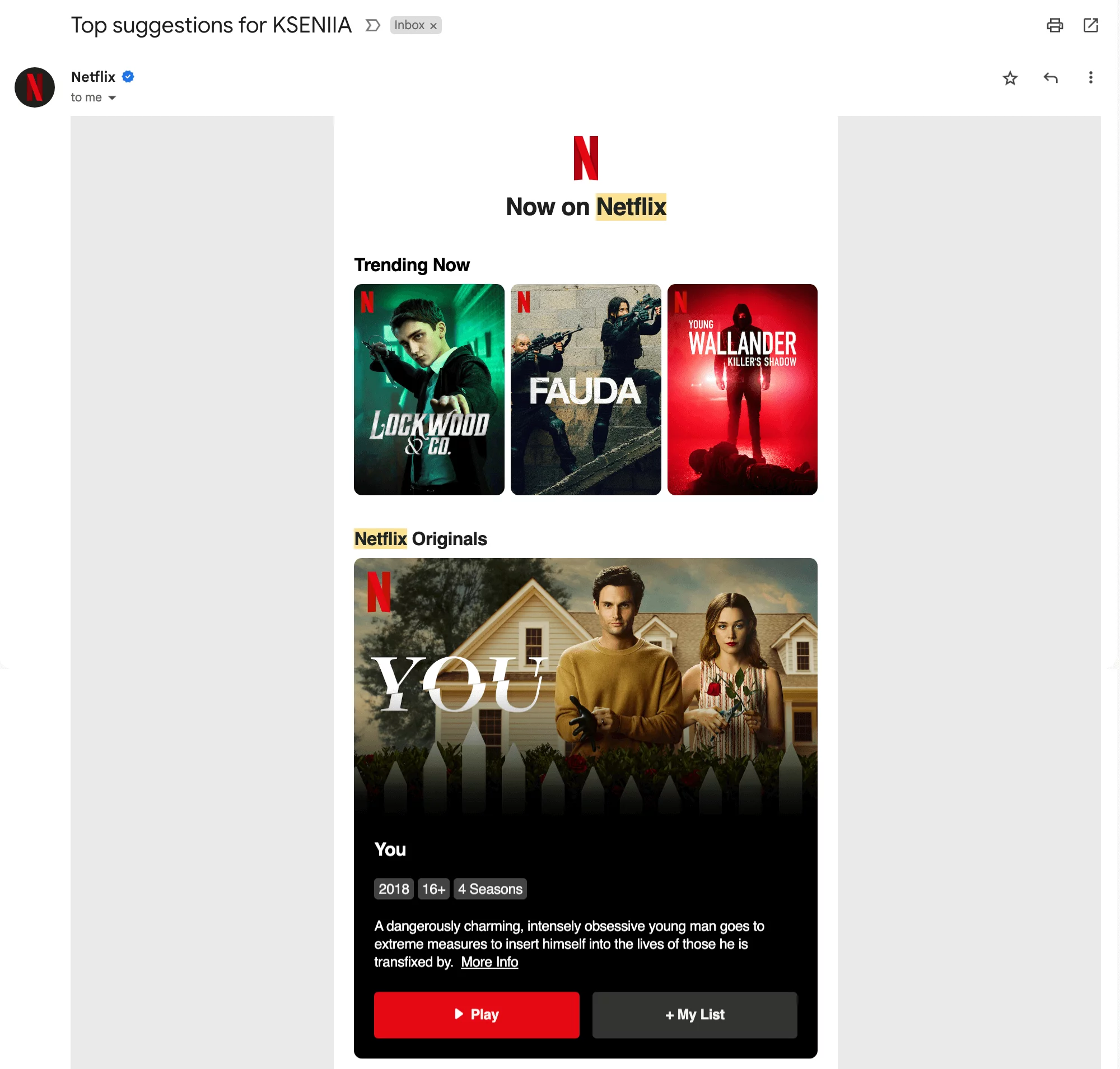 Personalized email from Netflix to Kseniia showing movie recommendations.