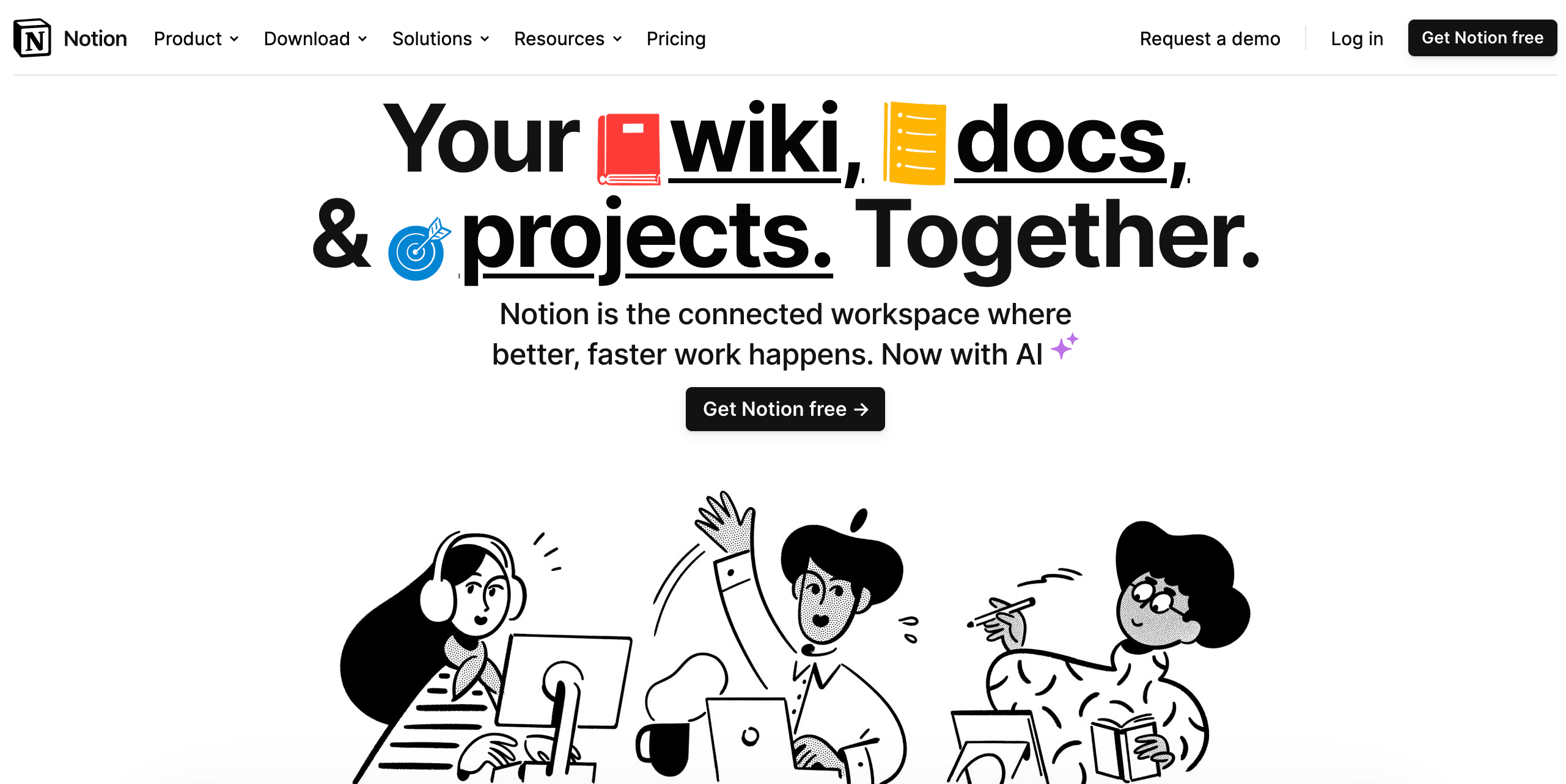 Notion platform homepage with headline about supporting team collaboration through wikis, docs and projects.