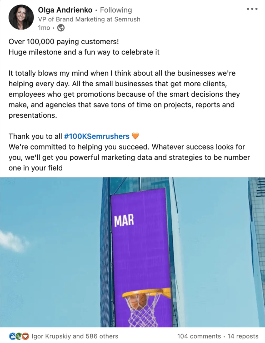 LinkedIn post by SemRush VP of Brand Marketing Olga Andrienco sharing the company's milestone of 100,000 paying customers.