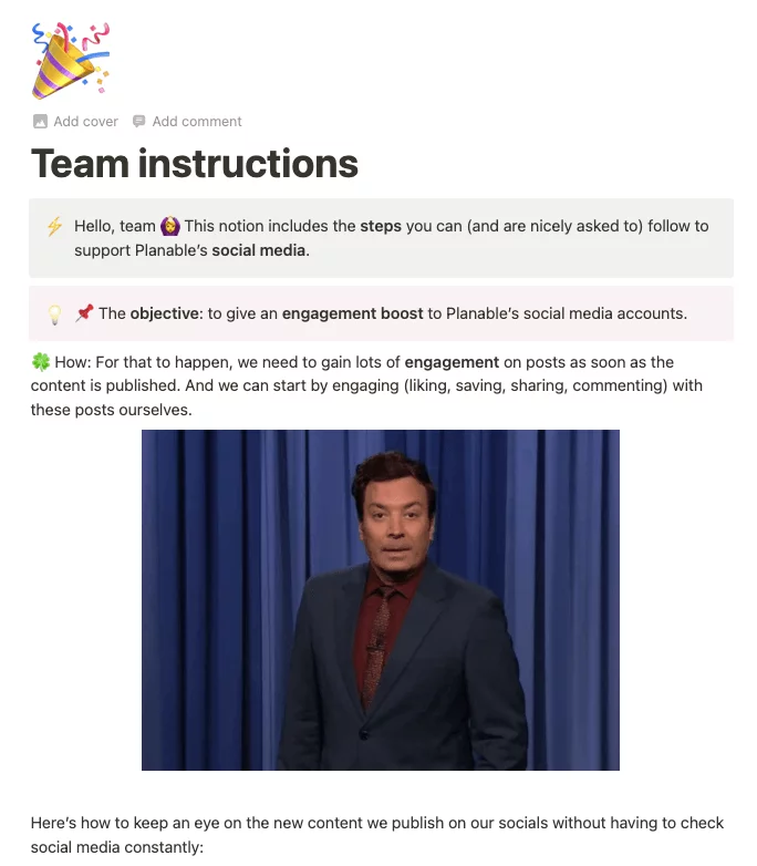 team instructions in notion to support planable on social media