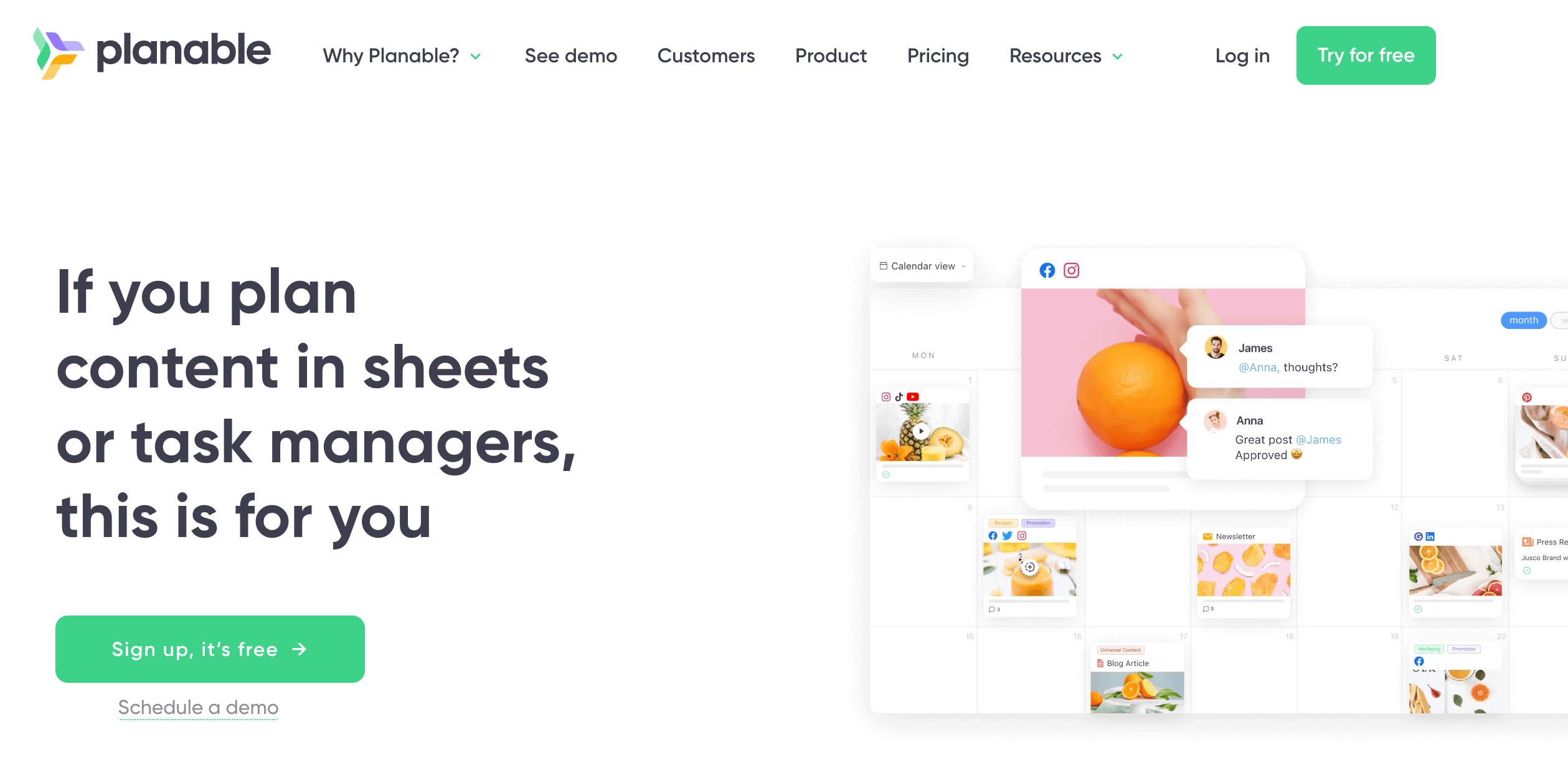 Planable homepage highlighting it as a useful project collaboration tool for those who plan content in sheets or task managers. 