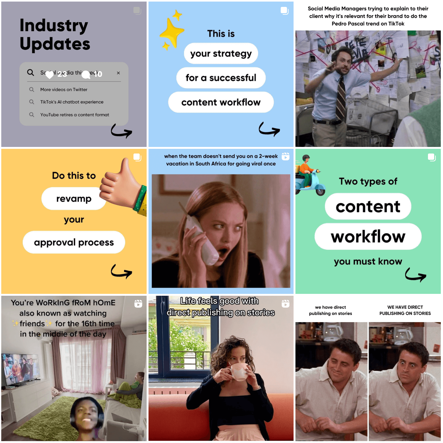 Planable app's Instagram posts in a 3 on 2 grid format with educative content, memes and videos of the team.