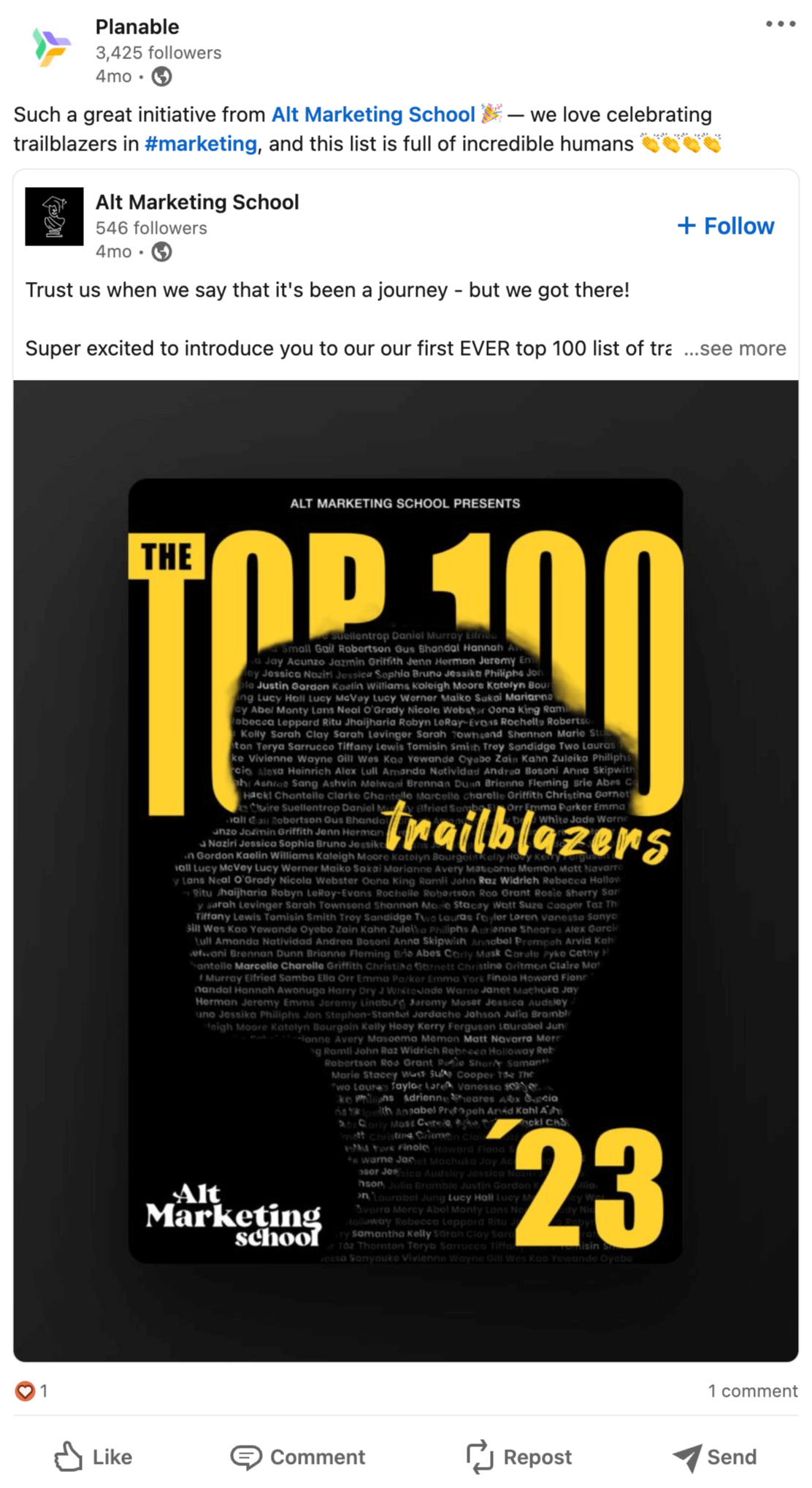 LinkedIn post from Planable re-sharing an update from Alt Marketing School on the top 100 trailblazers in 2023.