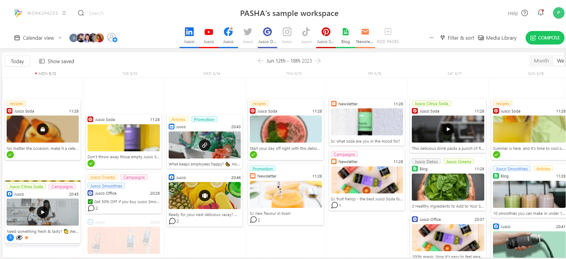 Planable app interface with a calendar view for planned and published content