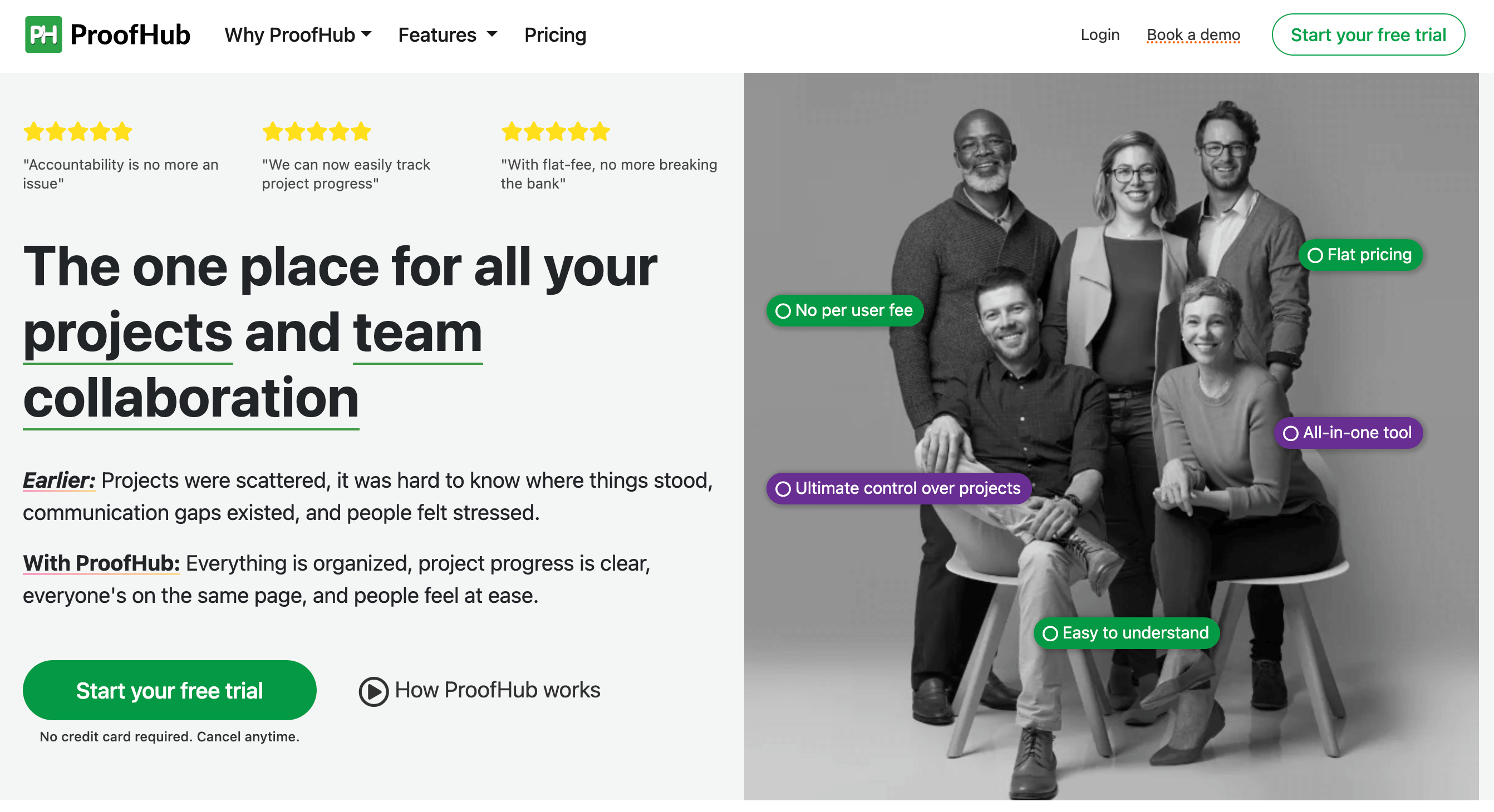 ProofHub homepage showcasing it as the one place for all projects and team collaboration.