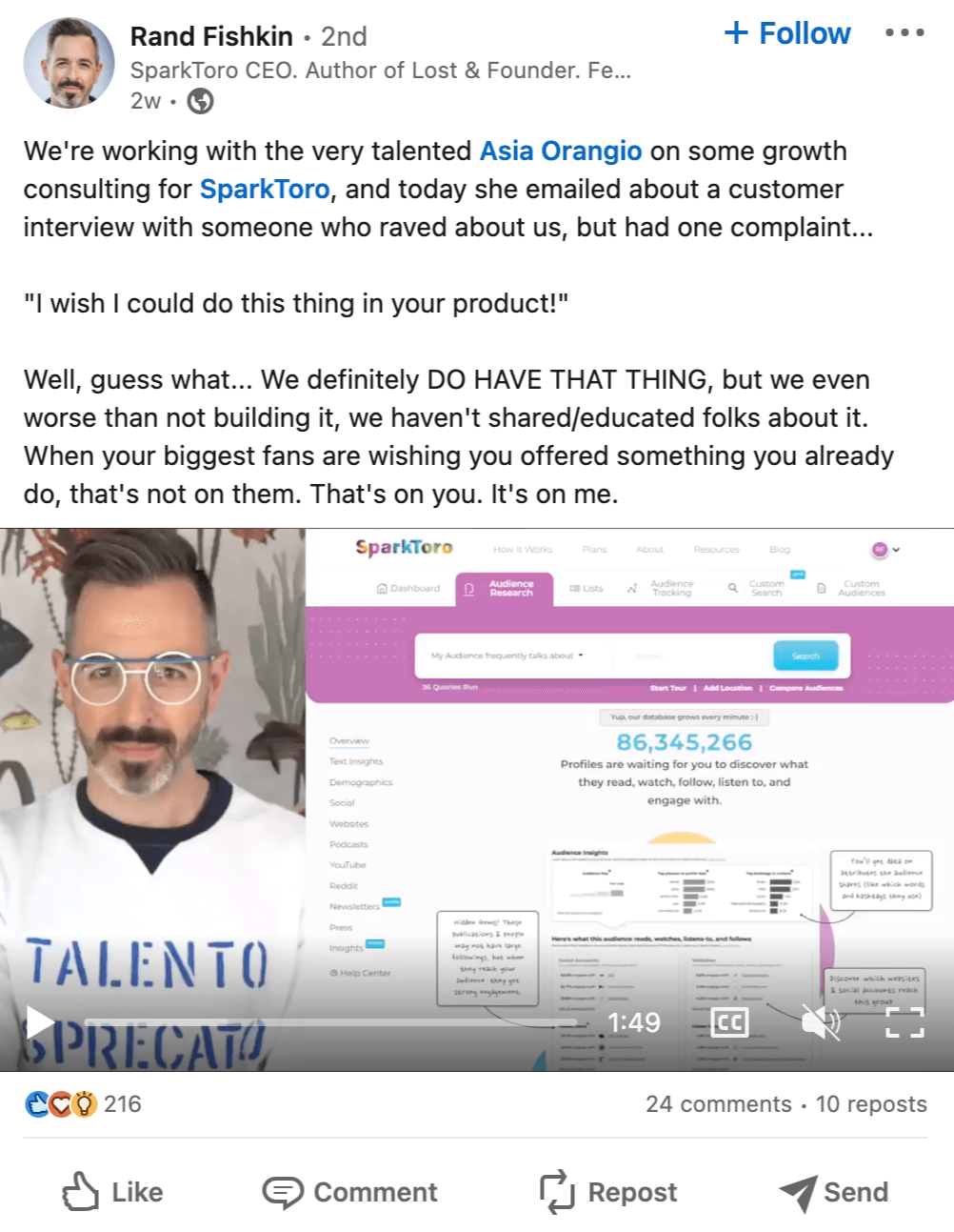 LinkedIn post screenshot from Rand Fishkin presenting a SparkToro feature.