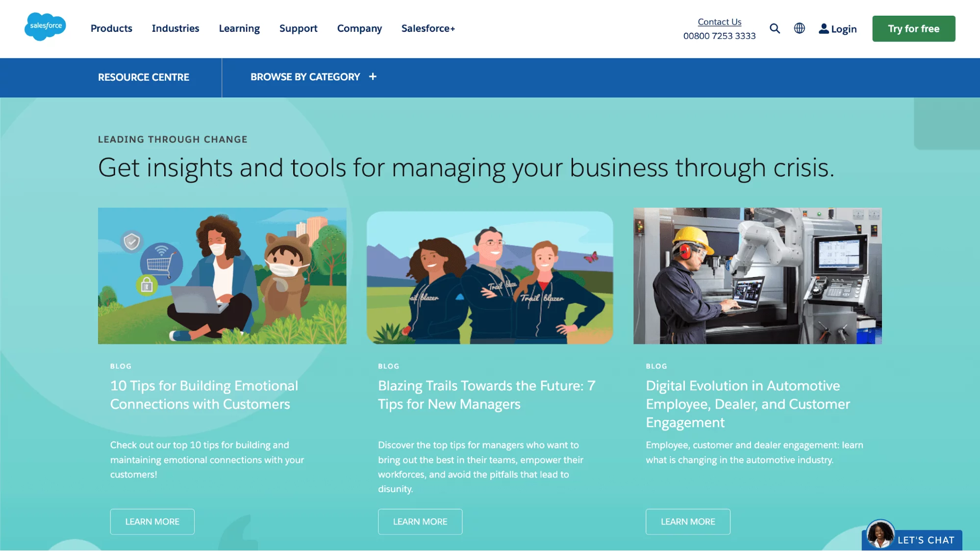 Light blue Salesforce "Leading through change" marketing campaign landing page, including top blog articles with insights and tools for managing a business through crisis. 