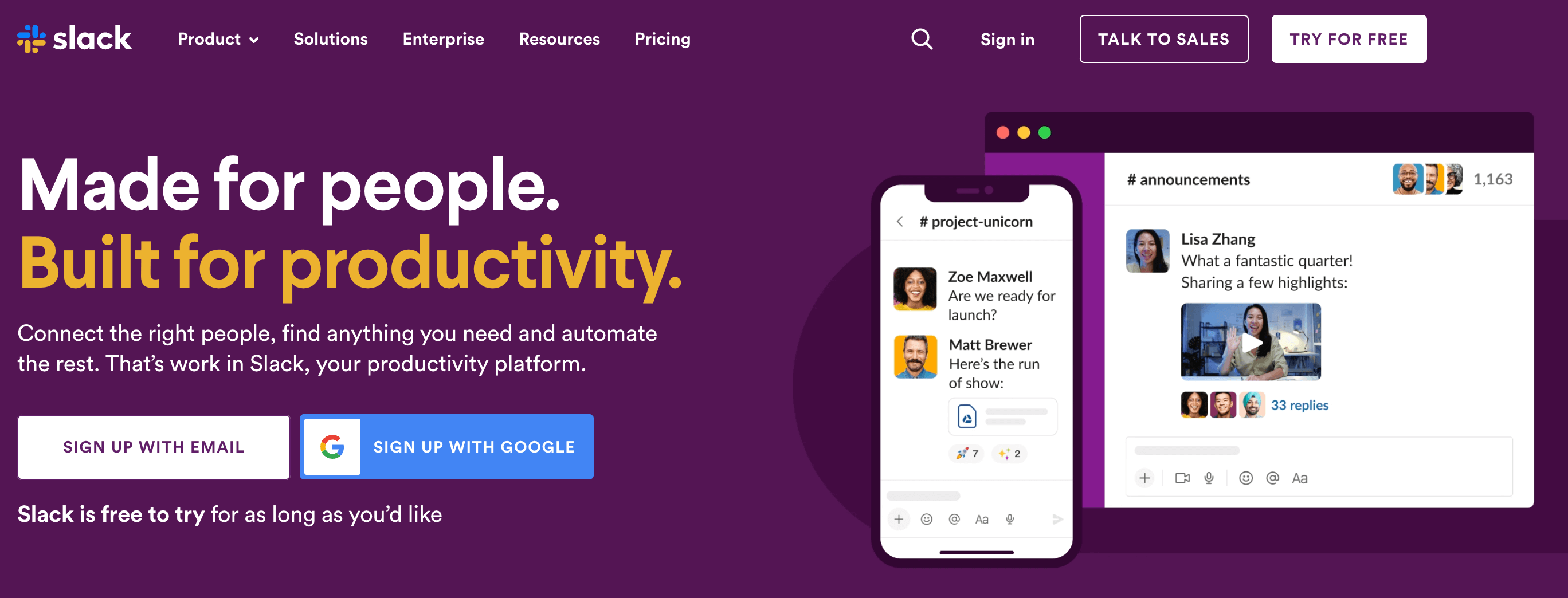 Slack magenta homepage with "Made for people. Built for productivity" headline and CTAs.