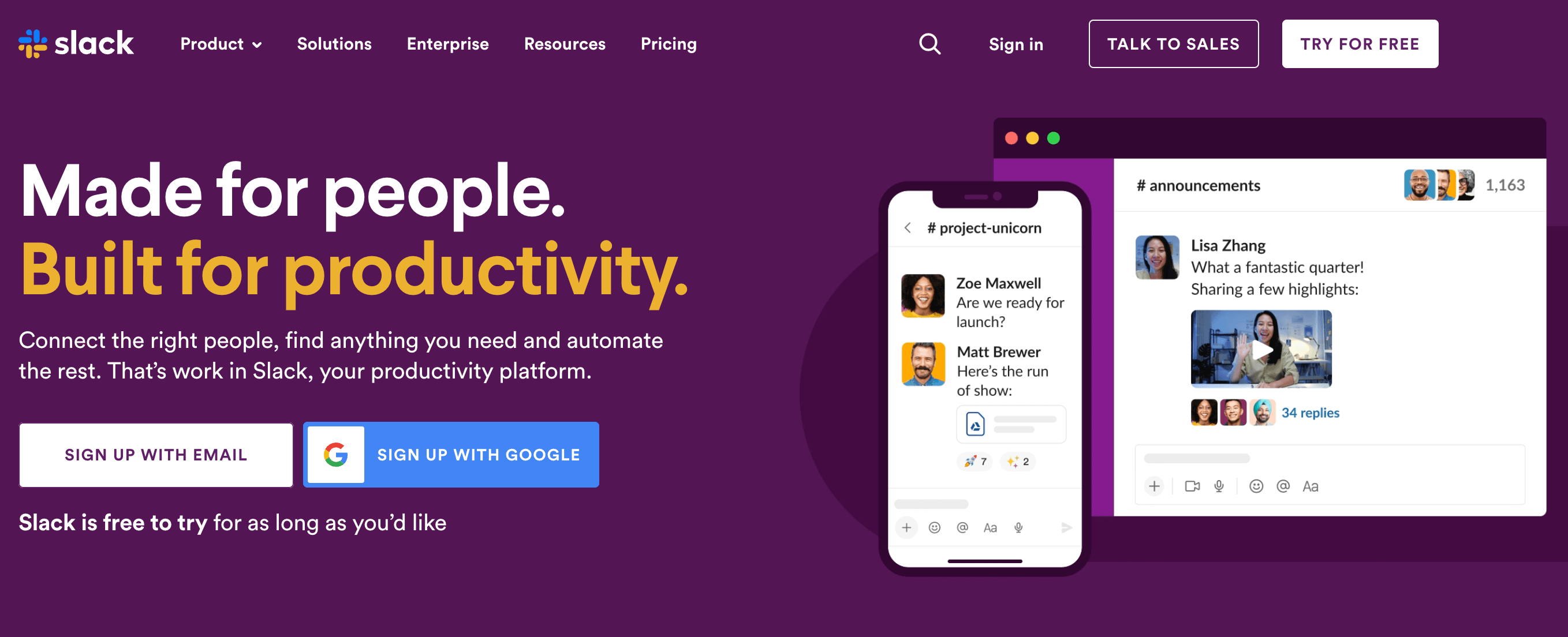 Slack's purple coloured website homepage presenting it as a productivity platform made for people.