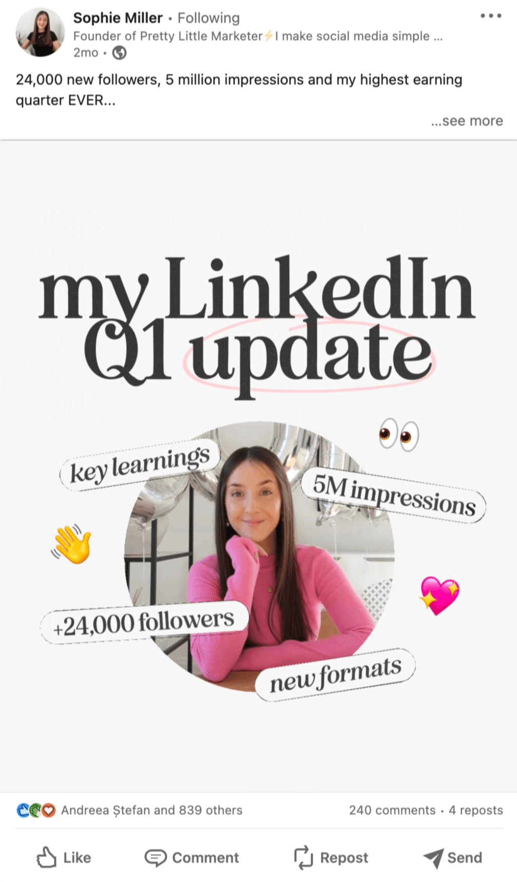 LinkedIn carousel quarterly update from Sophie Miller showing 24000 new followers, 5M impressions, key learnings and more.