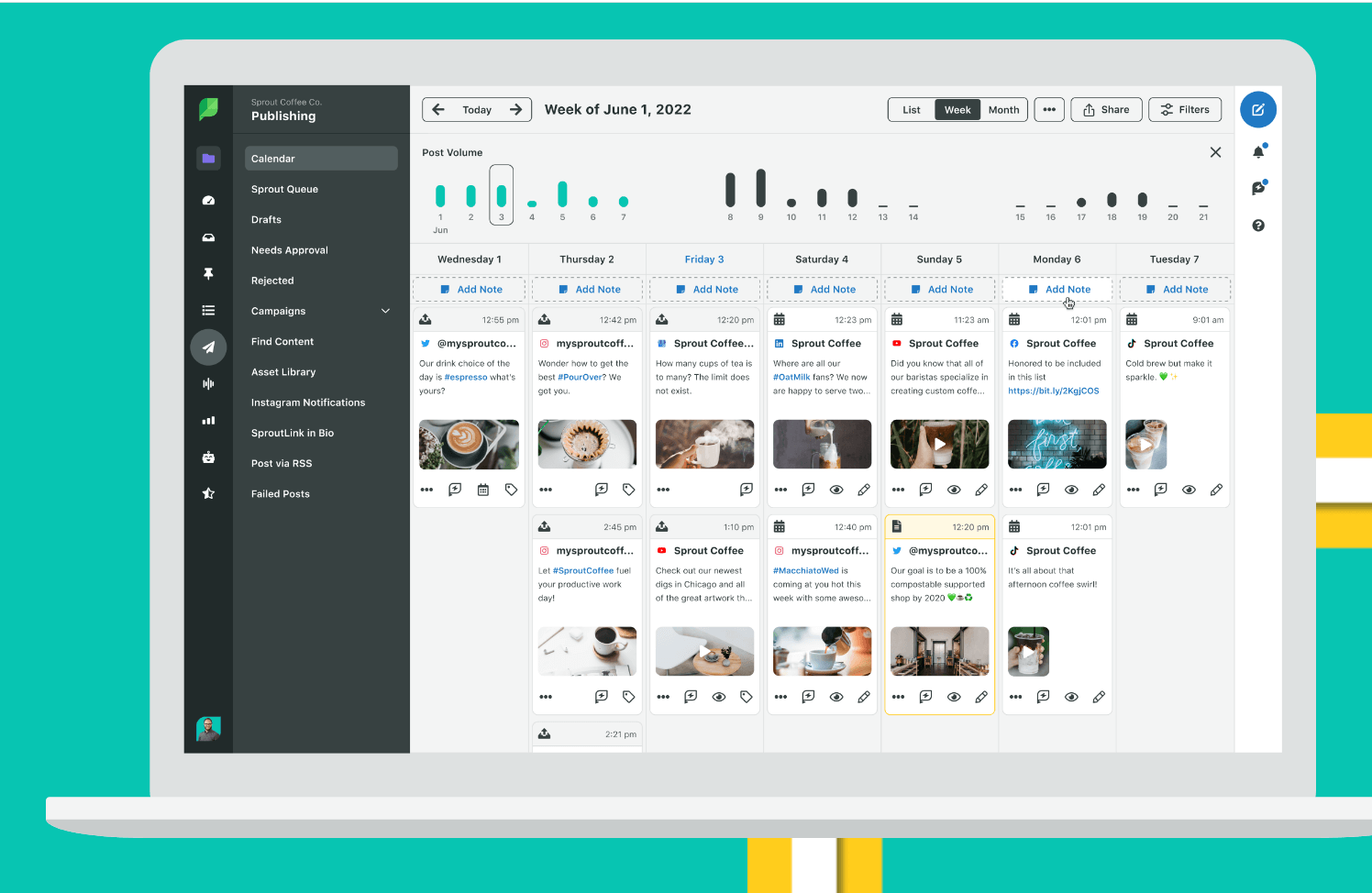 Weekly social media publishing calendar in Sprout Social.