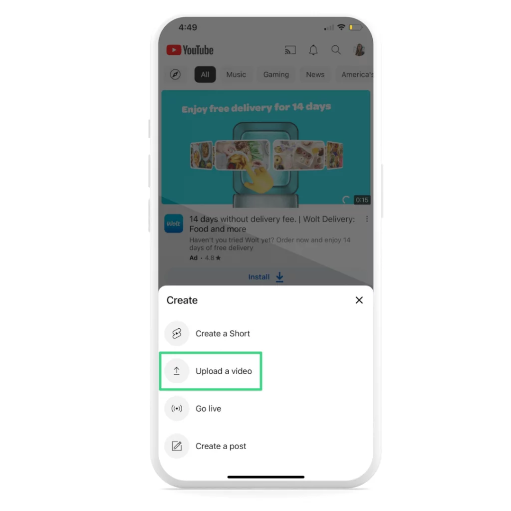 Upload a video menu appearance on YouTube mobile app