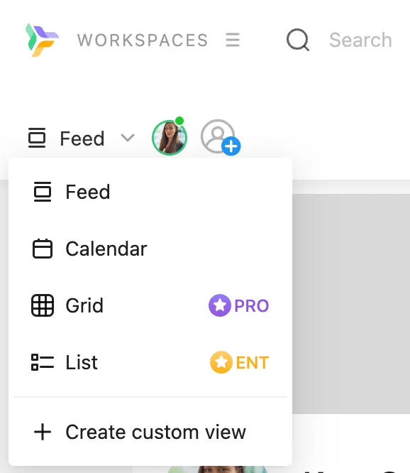 Multiple view options dropdown in Planable including feed, calendar, grid and list view.