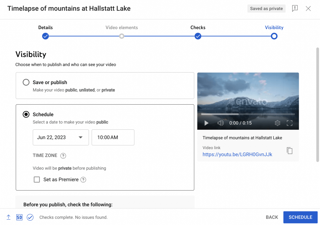 Scheduling time selector for YouTube video in uploading dashboard of the platform.