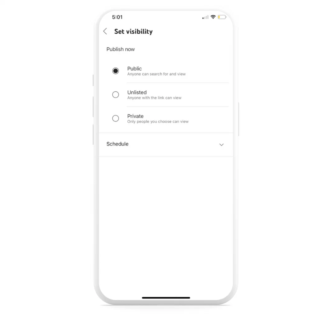 Visibility settings for scheduling YouTube video on mobile