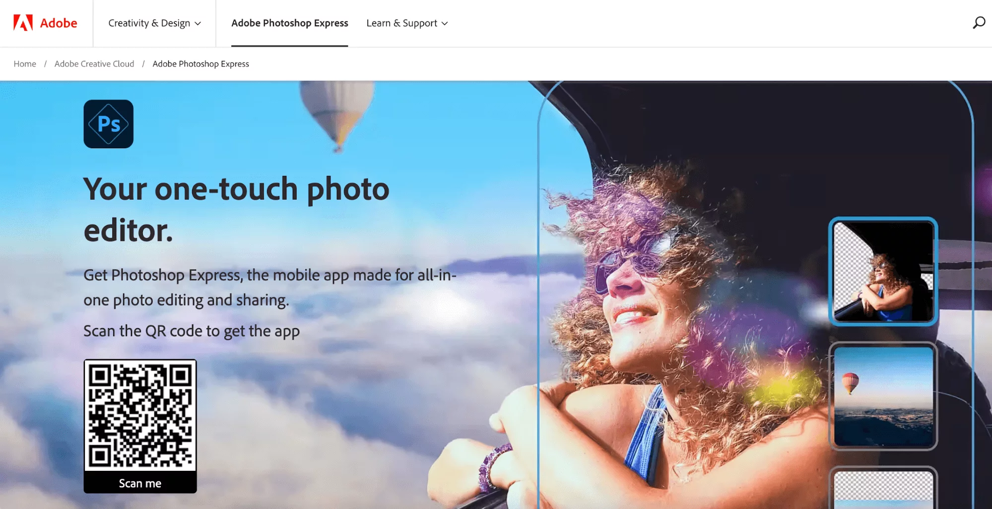 Adobe Photoshop Express homepage showing the image of a smiling girl being edited on multiple layers.