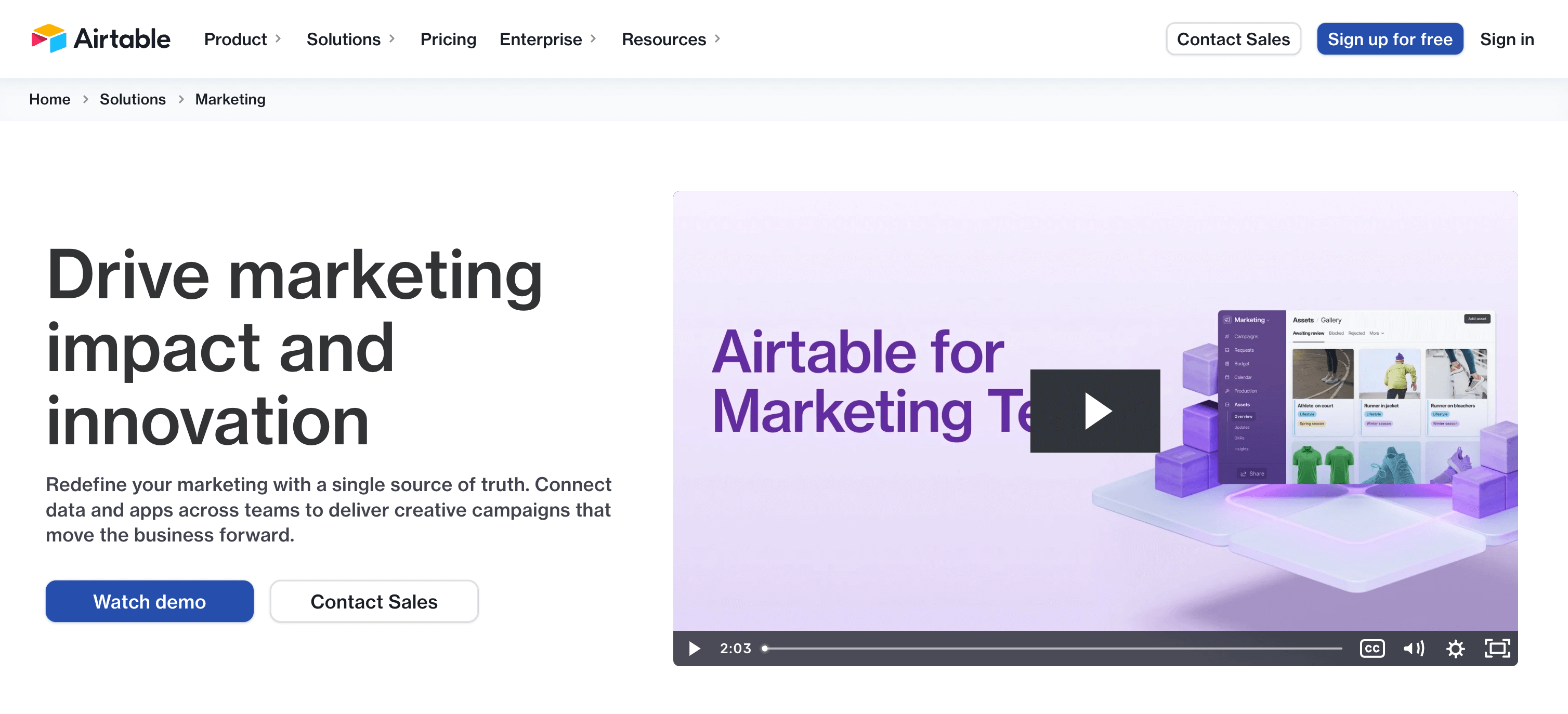 Airtable website screenshot showing a video titled Airtable for Marketing Teams with the text "Drive marketing impact and innovation".