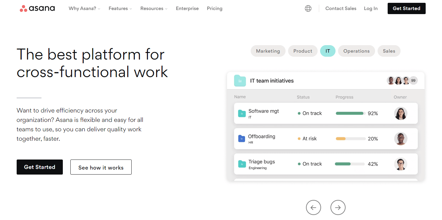 Asana homepage showing a screenshot of team collaboration progress on various projects.
