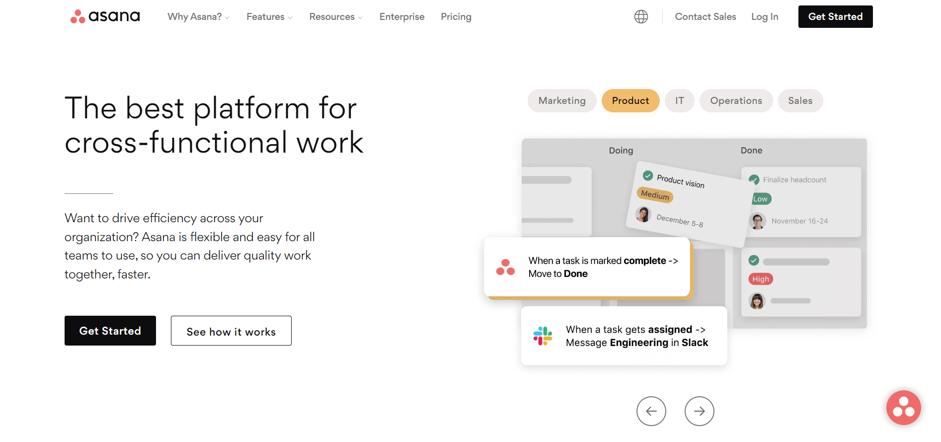 Asana homepage positioning itself as the best platform for cross-functional work, also showing a sketch of a Kanban board. with tasks