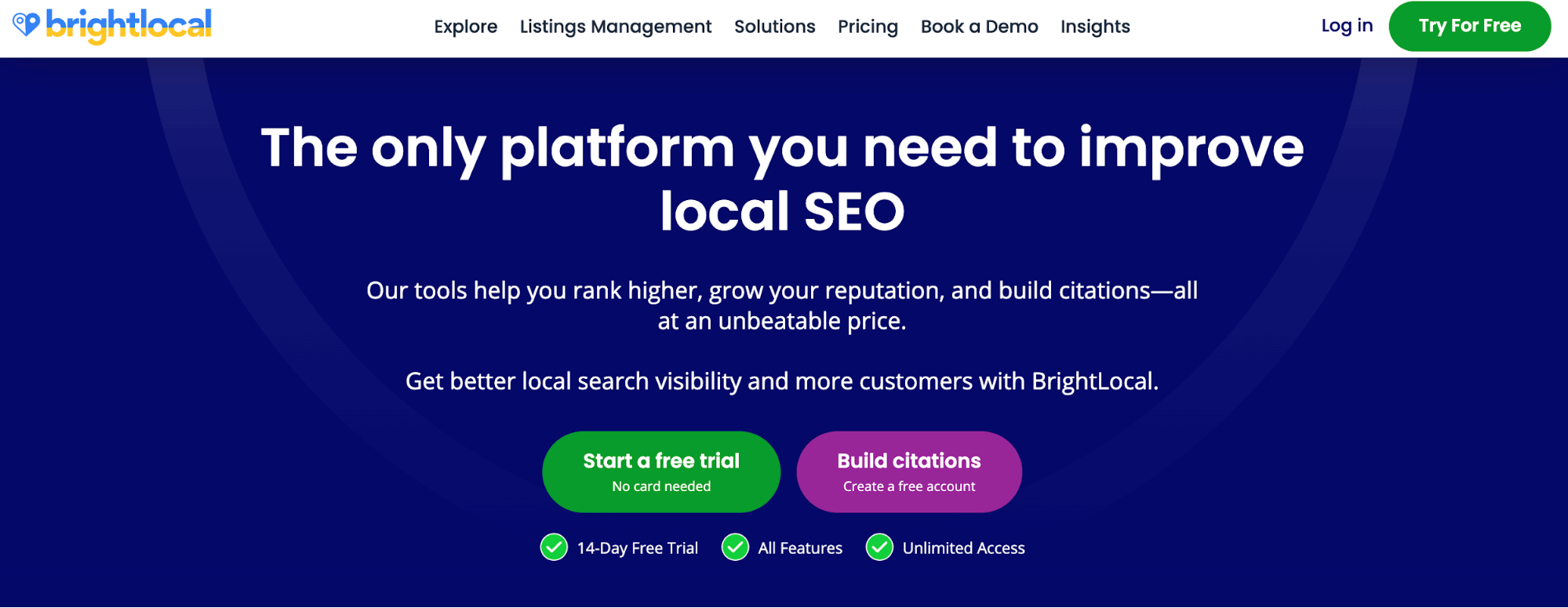 Brightlocal homepage with blue background and the motto: the only platform you need to improve local SEO