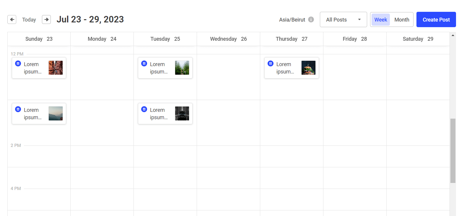 Content calendar in Buffer showing multiple posts with image and title, in a simple monthly table.