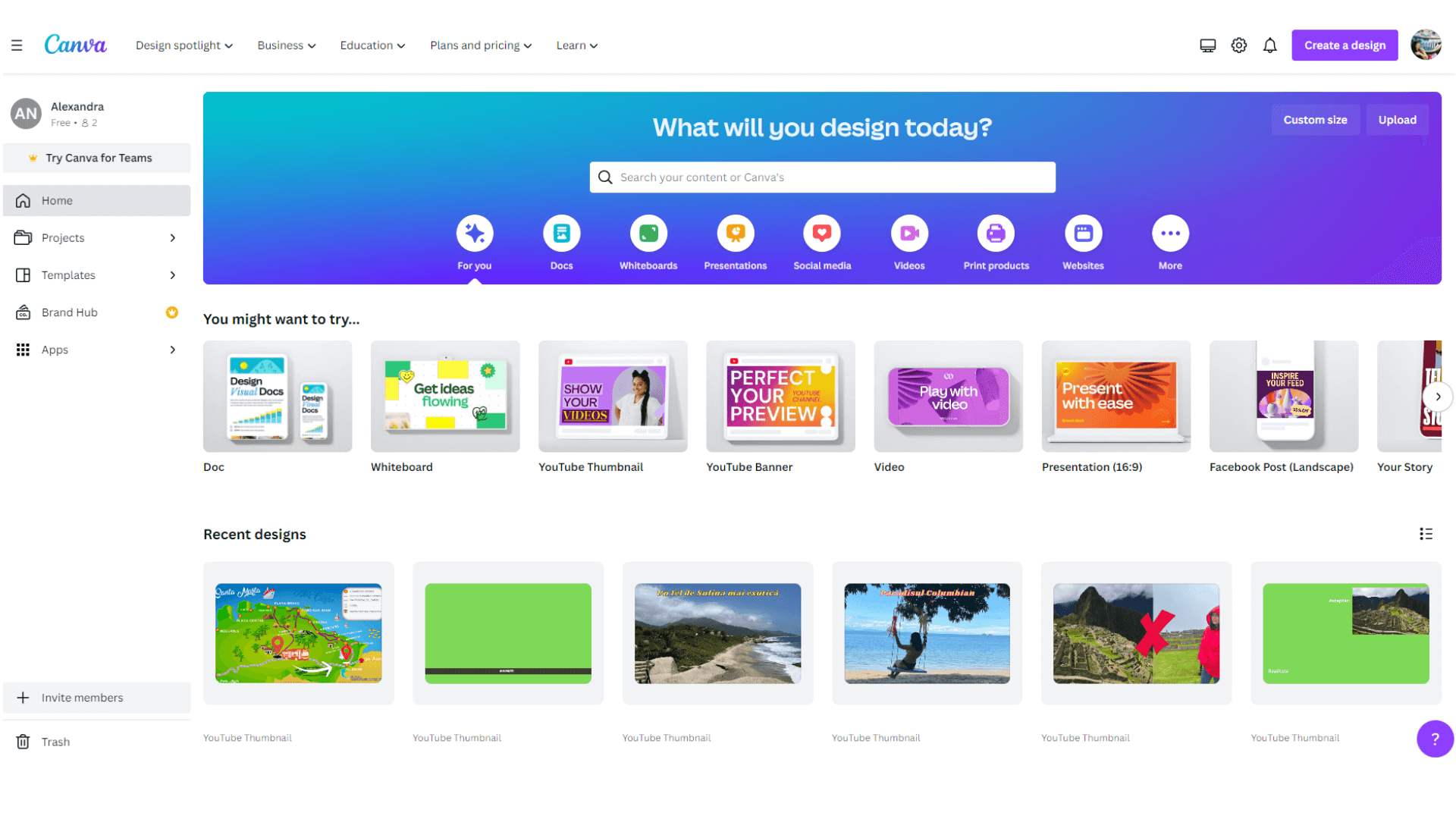 Canva screenshot showing multiple design assets such as youtube thumbnail, youtube banner, video, presentation or facebook post.
