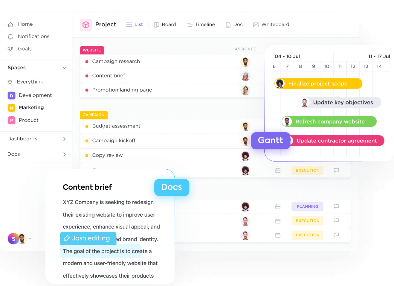 ClickUp screenshot showing projects tasks with snippets of a gantt chart and a document on content brief.