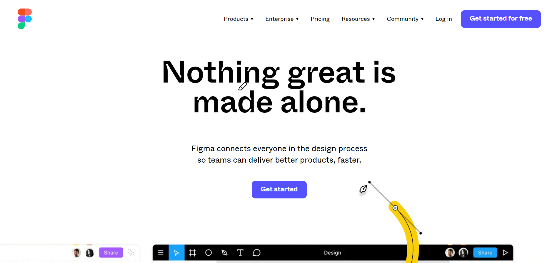 Figma homepage showing the motto "Nothing great is made alone".