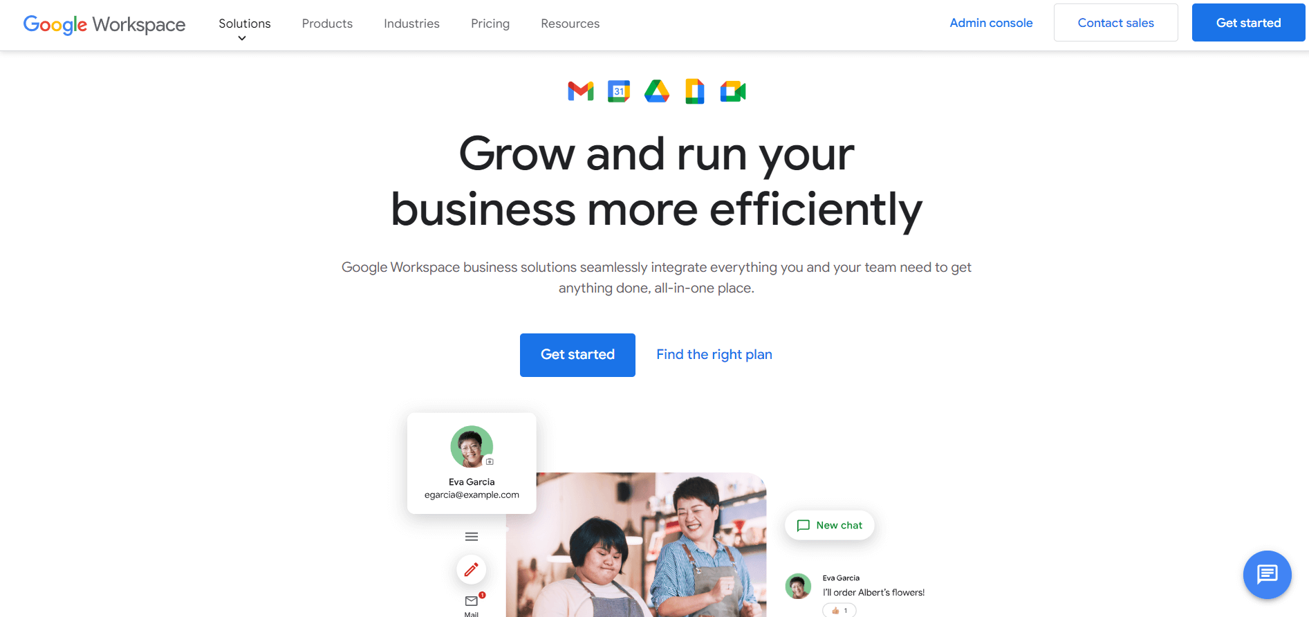 Google Workspace screenshot with the motto "Grow and run your business more efficiently"
