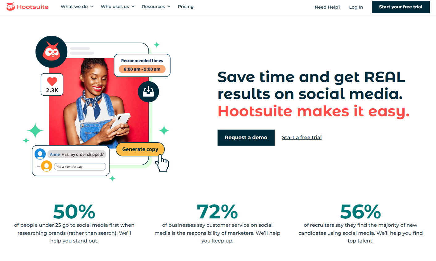 Hootsuide homepage showing the image of a social media post with recommended posting times, number of reactions, as well as download and generate copy buttons.