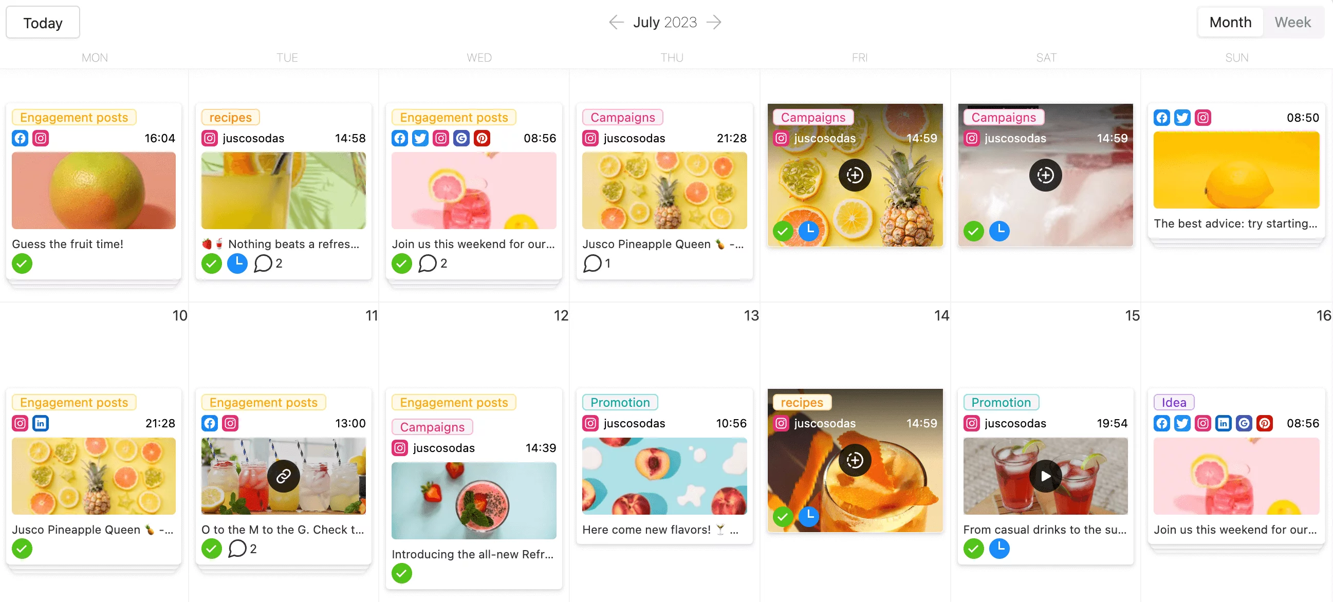 Content calendar showing Instagram posts with green approved marks, comment bubbles and blue scheduled icons.
