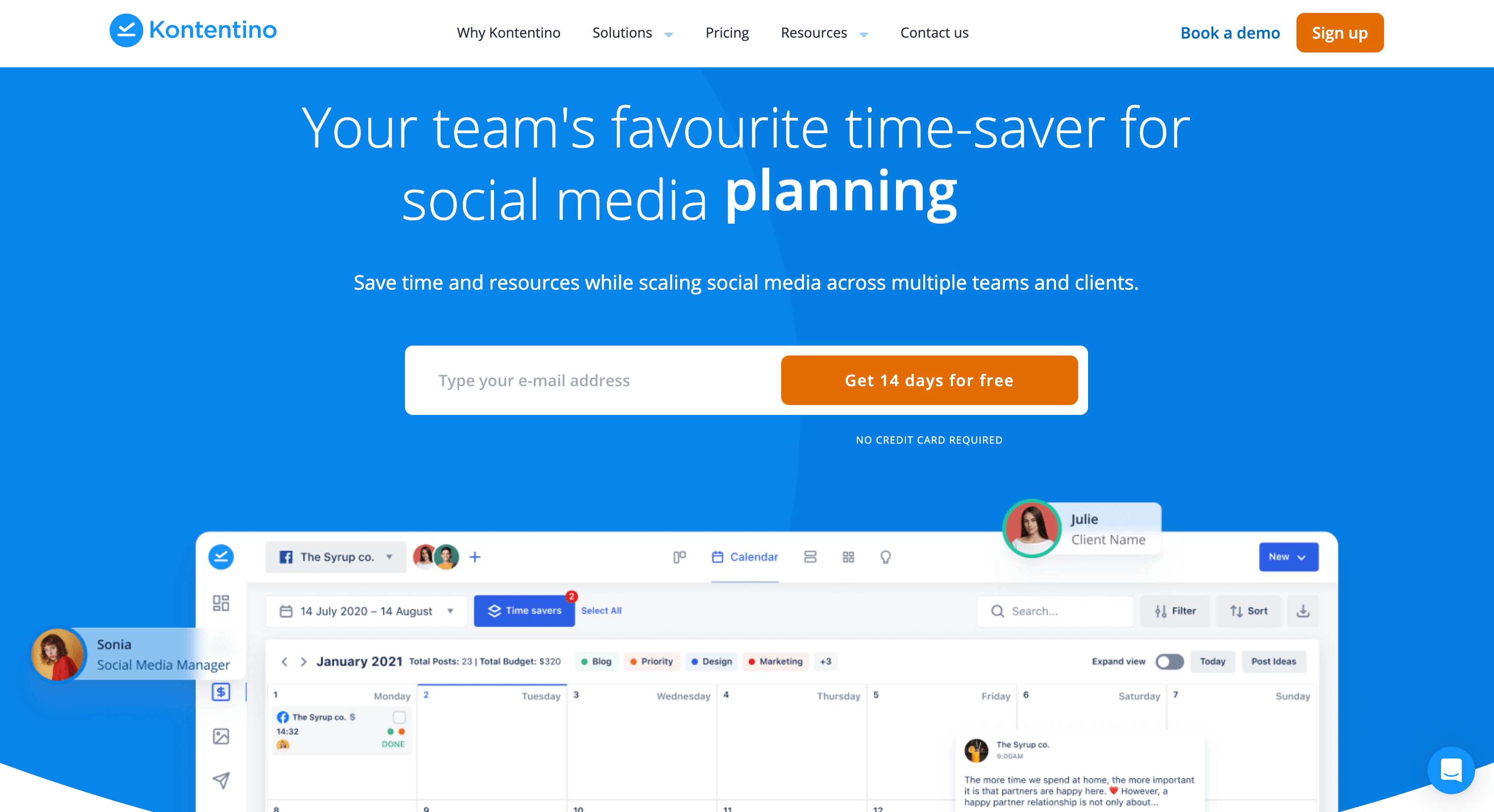 Konentino blue homepage showing a content calendar with social media manager and client collaboration on posts.