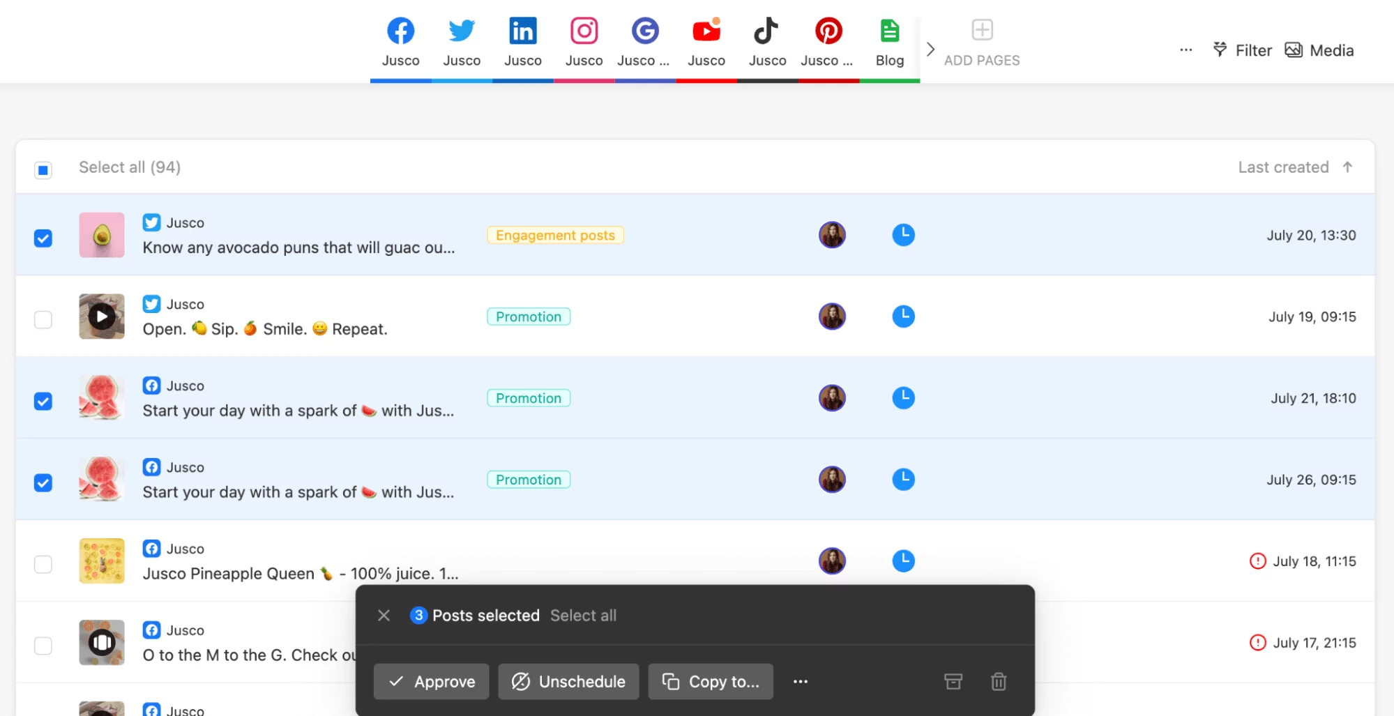 Planable list view of social posts including labels, owners, status and last created dates together with bulk options like select all, approve, or unschedule.