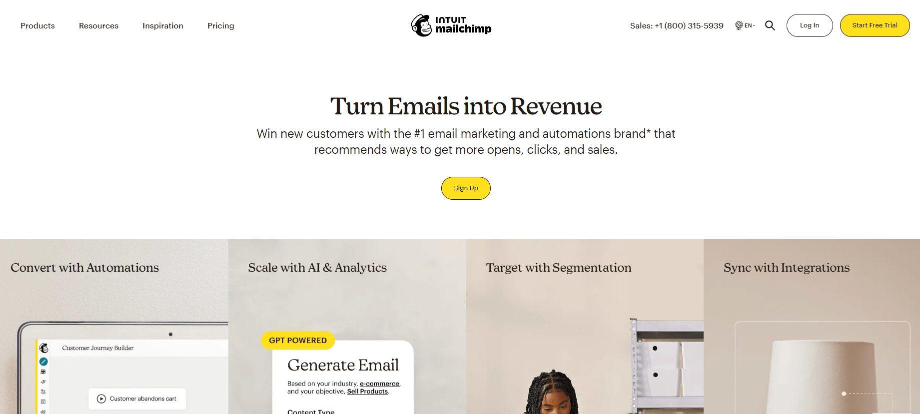 Mailchimp homepage highlighting the motto Turn emails into revenue