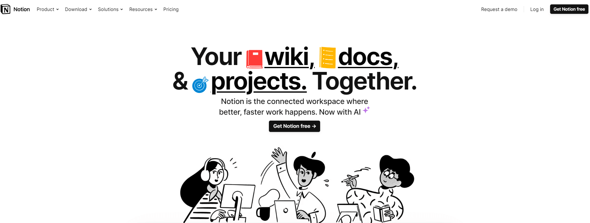 Notion homepage showing a collaboration cartoon and highlighting the benefit of having wiki, docs and projects together in one place.