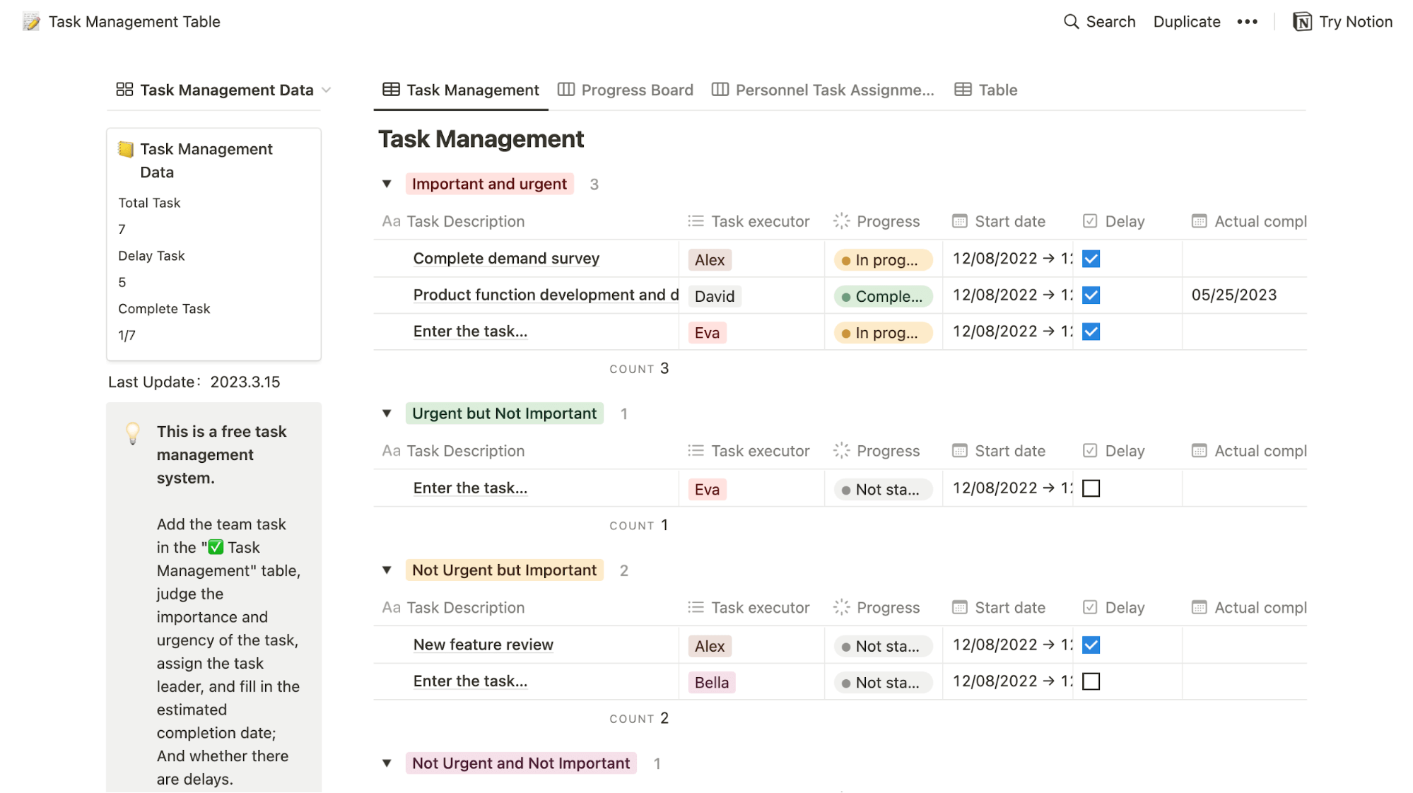 Notion screenshot showing a task management table which includes task descriptions, task executor, progress, start date, delay checkboxes and actual completion dates.